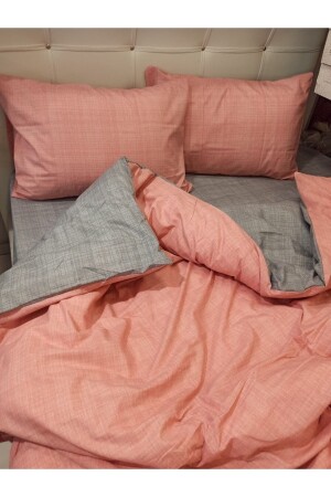 Lachsgraues, zweifarbiges Doppelbett-Bettbezug-Set mit elastischem Laken und doppelseitig verwendbarem NevDüz - 4
