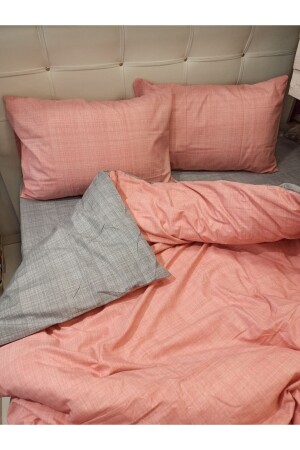 Lachsgraues, zweifarbiges Doppelbett-Bettbezug-Set mit elastischem Laken und doppelseitig verwendbarem NevDüz - 5