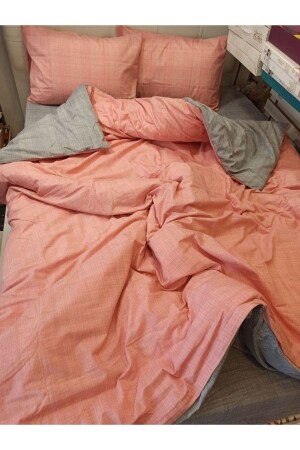 Lachsgraues, zweifarbiges Doppelbett-Bettbezug-Set mit elastischem Laken und doppelseitig verwendbarem NevDüz - 1