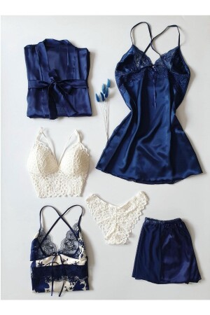Lacivert 6 Lı Saten Sabahlıklı Çeyiz Seti 5922 - Çeyize Dair Herşey
