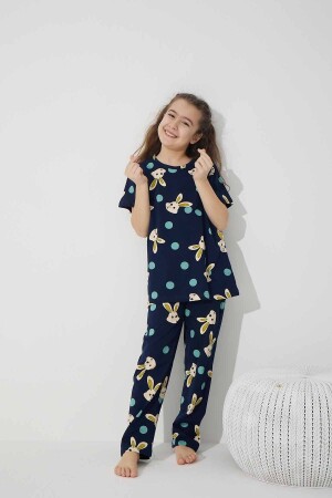 Lacivert Tavşan Desenli Pamuklu Örme Pijama Takım 7624 - 3