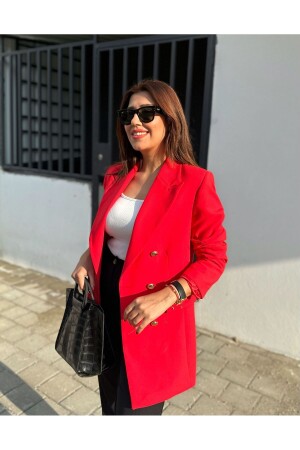 Lange, goldfarbene, geknöpfte, rote Blazerjacke in Übergröße - Ashley