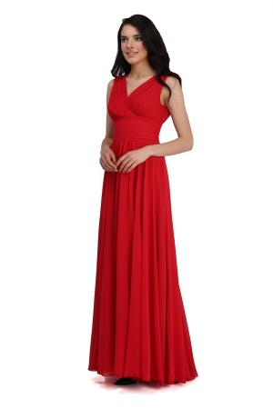 Langes Abendkleid aus Carmen-Chiffon mit V-Ausschnitt in Rot - 1