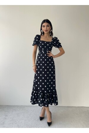 Langes, gepunktetes Kleid mit Ballonärmeln und quadratischem Ausschnitt - 1