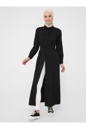 Langes Hemd-Hijab-Kleid aus Oxford-Stoff mit versteckten Knöpfen – Schwarz – Basic - 1