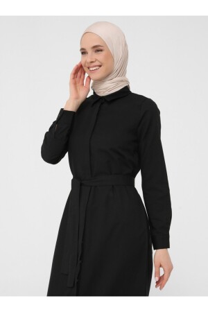 Langes Hemd-Hijab-Kleid aus Oxford-Stoff mit versteckten Knöpfen – Schwarz – Basic - 2