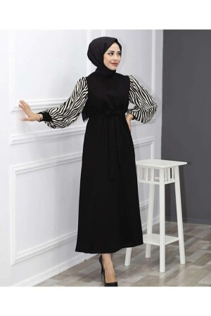 Langes Hijab-Kleid mit Zebramuster – Schwarz - 1