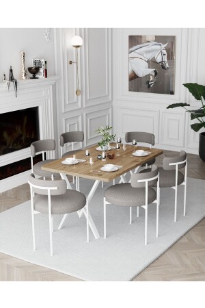 Larina Beyaz Teddy Sandalye 80x140 Yemek Masası Mutfak Masası 6 Kişilik Masa Sandalye Takımı - 1