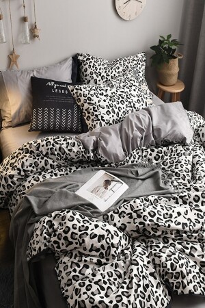 Lastikli Çarşaflı Nevresim Takımı Çift Kişilik Leopar Premium Cotton 64s iqon066 - 5