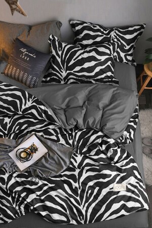 Lastikli Çarşaflı Nevresim Takımı Çift Kişilik Zebra Siyah iqon006 - 1