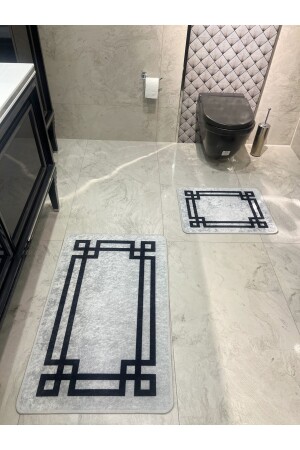 Lateks Taban Saçaksız (60X100 - 60X50) Ikili Banyo Paspas Takımı -gri BYD-STRIPED - 2