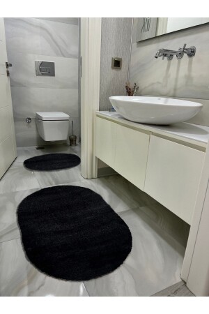 Lazer Kesim Peluş 2'li Oval Siyah Banyo Paspas Takımı - 4