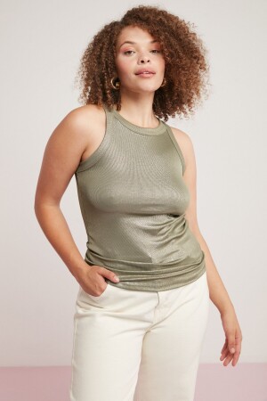 Lea Damen-Bluse mit Glitzerbeschichtung, Camisole, Neckholder, Khaki, Übergröße - 1