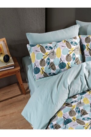 Leaf Double Sided Mint Yellow Double Bed Sheet Cotton Duvet Cover Set Nalls2023 Yaprak - 1