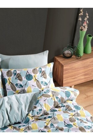 Leaf Double Sided Mint Yellow Double Bed Sheet Cotton Duvet Cover Set Nalls2023 Yaprak - 4