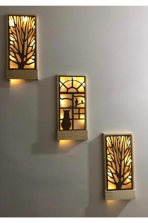 منز-جني LED 3pcs بطاريات تضمنت أكابا خشب صلب لوحة المنزل هدية مدخل الممر مصباح الليل 36x18 الحائط زينة القط المتوسط - MSAĞWOODS