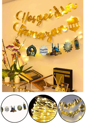 LED-Banner „Welcome Ramadan“ mit Schriftzug – dekorativ, verlängert Ornament, Mond, Stern, Koran, Mahya-Moschee, Themenset, 140 cm, für alle Altersgruppen - 3