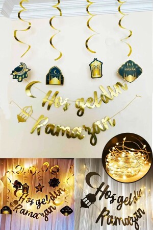 Led Işık Hoşgeldin Ramazan Gold Banner Yazı Iyi Bayramlar 6'lı Tavan Süs Ramazan Oda Süsleme Seti - Azebu