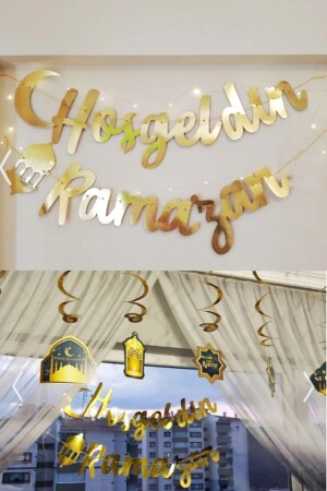 Led Işık Hoşgeldin Ramazan Gold Banner Yazı Iyi Bayramlar 6'lı Tavan Süs Ramazan Oda Süsleme Seti - 5