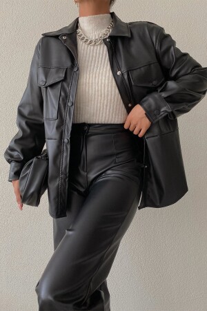 Lederjacke mit zwei Taschen und Druckknöpfen, Schwarz, L - 1