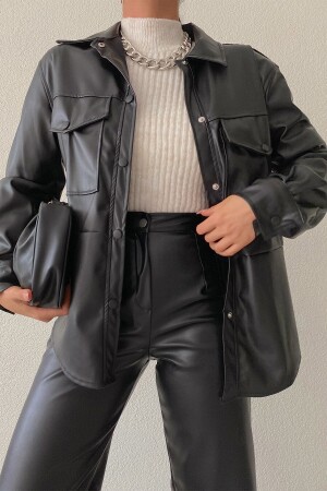 Lederjacke mit zwei Taschen und Druckknöpfen, Schwarz, L - 2