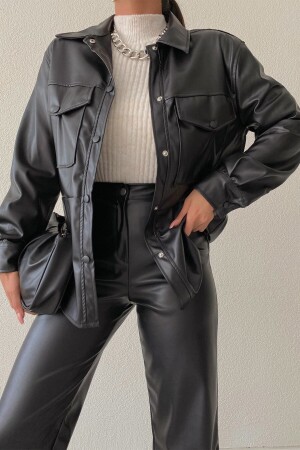 Lederjacke mit zwei Taschen und Druckknöpfen, Schwarz, L - 3