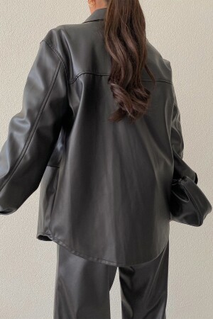 Lederjacke mit zwei Taschen und Druckknöpfen, Schwarz, L - 5