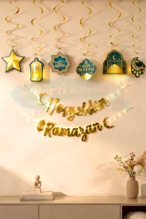 Ledli Hoşgeldin Ramazan Banner Yazı- Dekoratif Uzar Süs Ay Yıldız Kuran Mahya Cami Temalı Set 140cm - Parti Dolabı