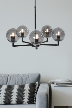 Leo 5 Li Siyah-krom Metal Gövde Füme Camlı Mafsallı Tasarım Lüx Avize LZRNAVZ194 - Luzarana