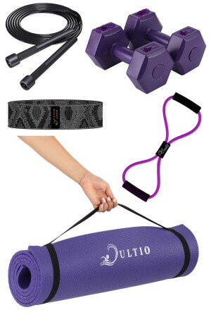 Lila Pilates-Set, 10-mm-Pilatesmatte, 2 Paar 1-kg-Hanteln, Squat-Band, Widerstandsband und Springseil - 1