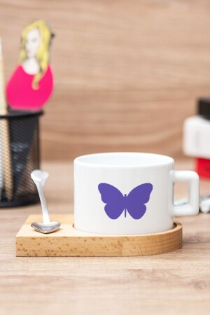 Lila Tasse im Schmetterlingsdesign mit Untertasse aus Holz HD-B1004-452 - 1