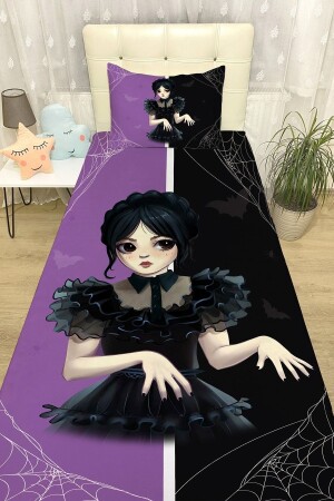 Lila und schwarze gemusterte Tagesdecke und Kissenbezug Wednesday Addams - 1