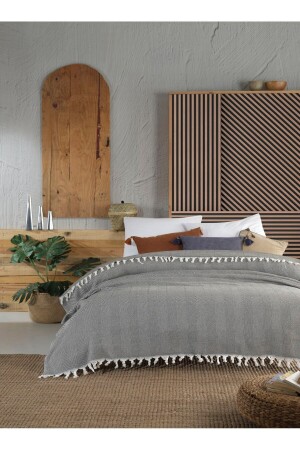 Lily Khaki Bettbezug für Doppelbett, 200 x 230 cm, Bezug für Bett, Sessel, Sofa, Baumwolle, gewebte Quasten, Mk-16002 - 1