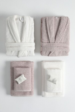 Line %100 Pamuk Luxury 8 Parça Aile Bornoz Seti - Bej - Krem - Favora