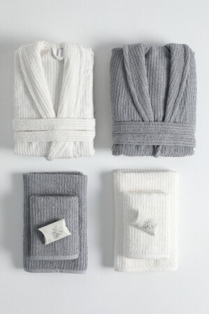 Line %100 Pamuk Luxury 8 Parça Aile Bornoz Seti - Gri - Krem - Favora