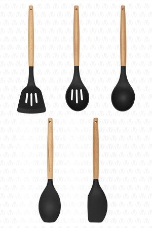 Lingo Bambu Saplı 5 Adet Silikon Mutfak Pişirme Gereçleri Seti Siyah VS-510AS - 3