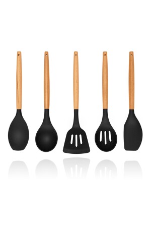 Lingo Bambu Saplı 5 Adet Silikon Mutfak Pişirme Gereçleri Seti Siyah VS-510AS - 4