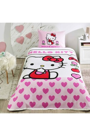 Lisanslı Hello Kitty Love Tek Kişilik Pamuk Pike Takımı - Taç