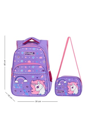 Lizenzierter lilafarbener Mädchen-Grundschulrucksack und Lunchbox mit „Little Horse“-Muster und lilafarbenem Einhornmuster - 1