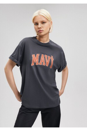 Logo Baskılı Gri Tişört Oversize - Geniş Kesim 1600843-82185 - Mavi