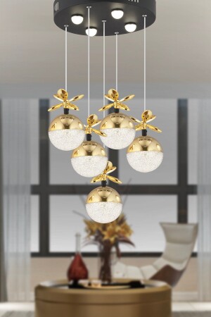 Lokken 5'li Yuvarlak 50 Watt Gold Kristal Ledli Modern Oturma Odası Salon Sarkıt Avize 4079-05Y-GD - 2