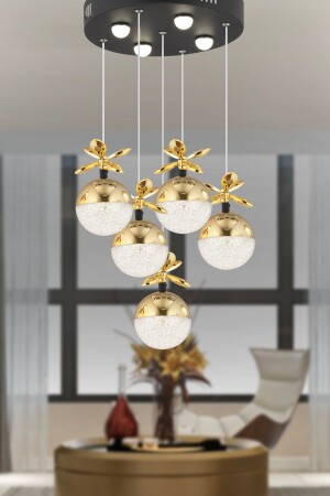 Lokken 5'li Yuvarlak 50 Watt Gold Kristal Ledli Modern Oturma Odası Salon Sarkıt Avize 4079-05Y-GD - 1