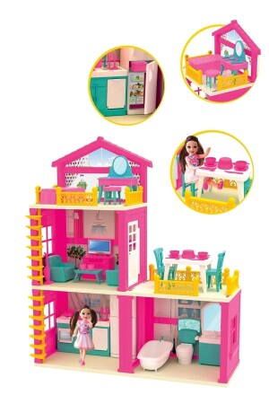 Lola'nın Düşler Evi Aksesuarlı 3 Katlı 3 Odalı Balkonlu Barbie Chelsea Bebek Oyun Rüya Ev Seti dop11860872igo - 1