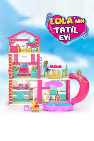 Lola'nın Tatil Evi 3 Katlı 4 Odalı Teraslı Su Kaydıraklı Bebek Evcilik Oyuncak Ev Seti 03742 - 1