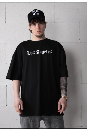 Los Angeles Baskılı Oversize Siyah T-shirt - 4