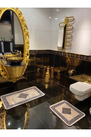 Losarina 2'li Lateks Kaymaz Taban Su Geçirmez Banyo Paspas Takımı (60x100 - 60x50) Bej-siyah BYD-LOSARINA - Brillant