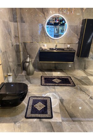 Losarina 2'li Lateks Kaymaz Taban Su Geçirmez Banyo Paspas Takımı (60X100 - 60X50) Siyah-altın - 5