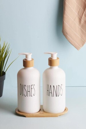 Lotion-Set mit 2 weißen Flüssigseifenspendern für die Küche, 500 ml + 500 ml, mit Bambusschale - 1