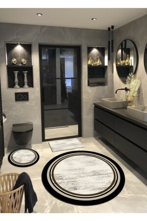 Lovely - Krem Kaymaz, Pamuk Taban Yuvarlak Banyo Halısı (100X100-60X60-40X60 CM 3'LÜ SET) ARB8030-1 - Ardizayn