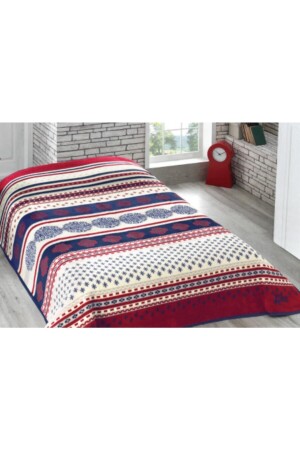 Lüks Çift Kişilik Peluş Battaniye 180x230 Cm Kırmızı Mavi Krem Desenli 3100 gr 14189c - Sesli